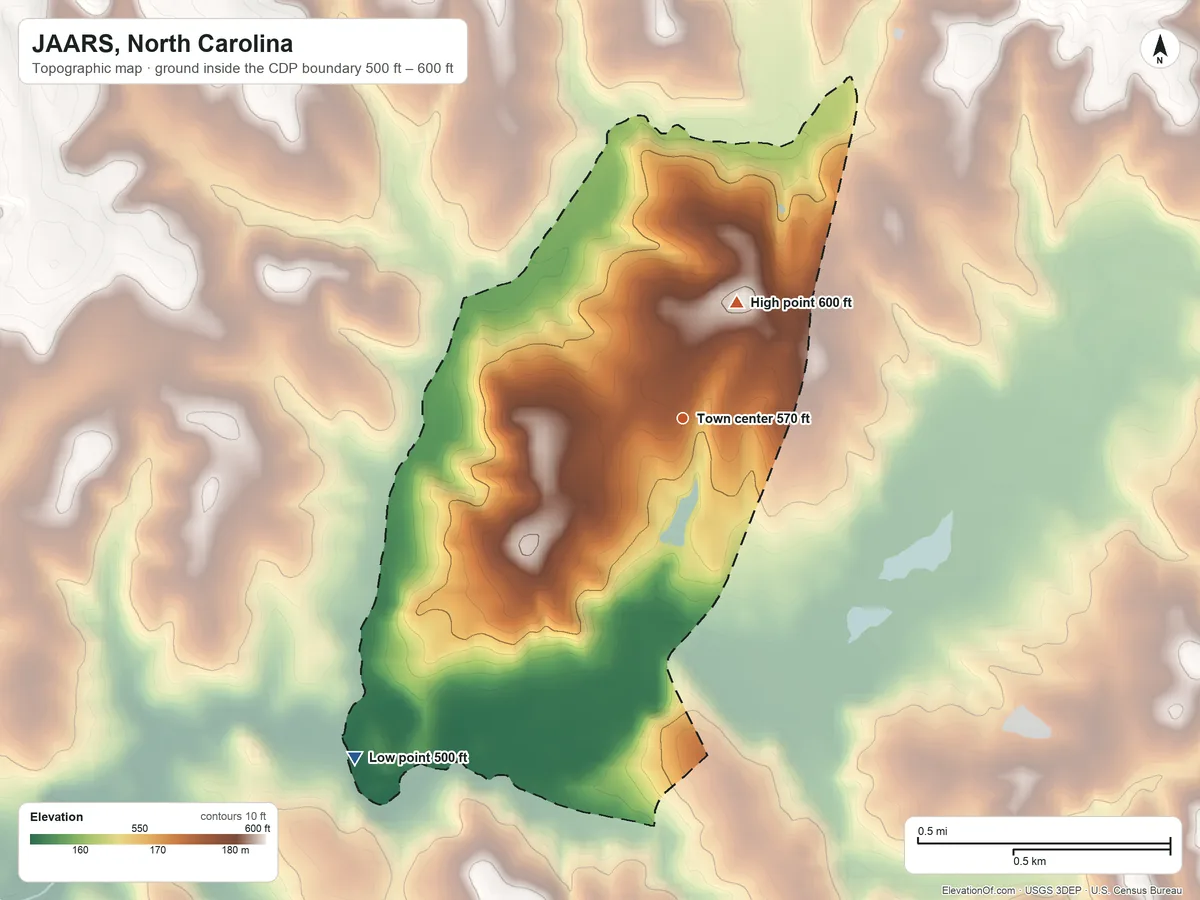 Topographic elevation map of JAARS, North Carolina, shaded from 500 ft on the southwest side to 600 ft on the northeast side