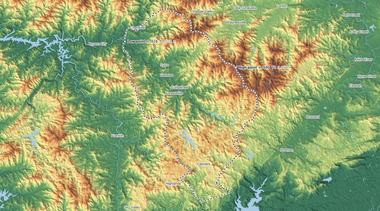 Topographic elevation map of Jackson County, North Carolina, shaded from 1,820 ft on the northwest side to 6,400 ft on Richland Balsam