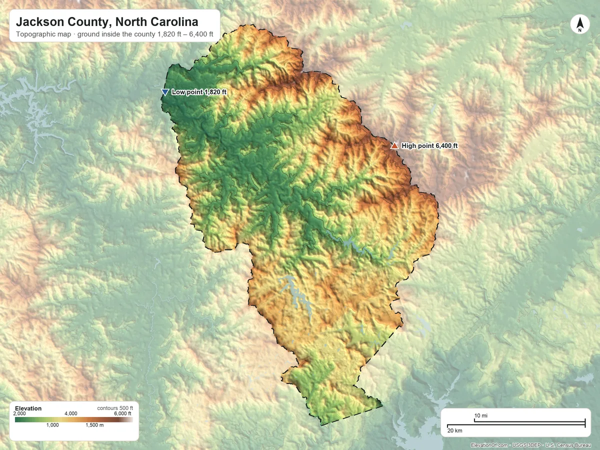 Topographic elevation map of Jackson County, North Carolina, shaded from 1,820 ft on the northwest side to 6,400 ft on Richland Balsam