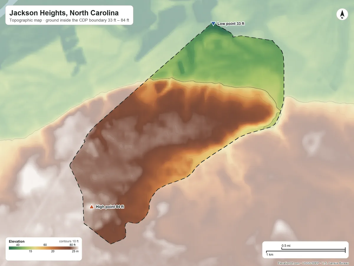 Topographic elevation map of Jackson Heights, North Carolina, shaded from 33 ft on the north side to 84 ft on the southwest side