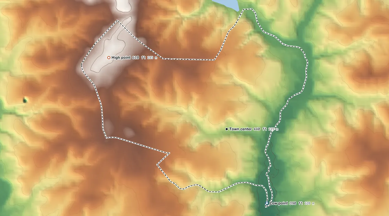 Topographic elevation map of Jackson Springs, North Carolina, shaded from 390 ft on the southeast side to 610 ft on the northwest side