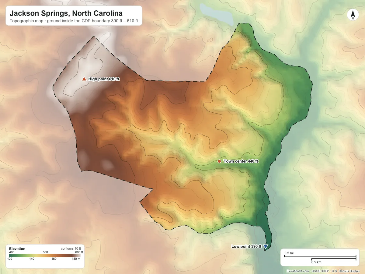 Topographic elevation map of Jackson Springs, North Carolina, shaded from 390 ft on the southeast side to 610 ft on the northwest side