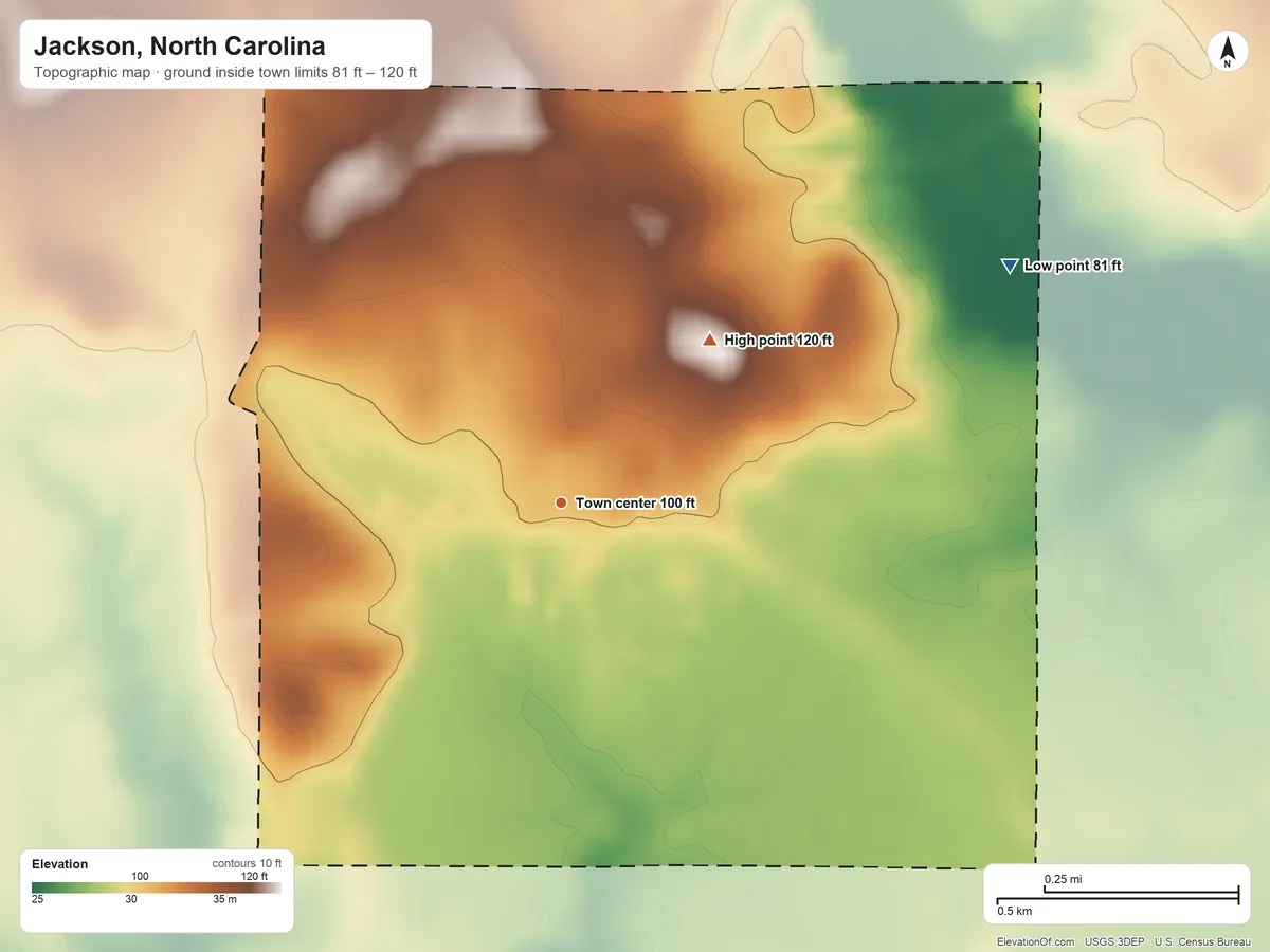 Topographic elevation map of Jackson, North Carolina, shaded from 81 ft on the northeast side to 120 ft on the northeast side