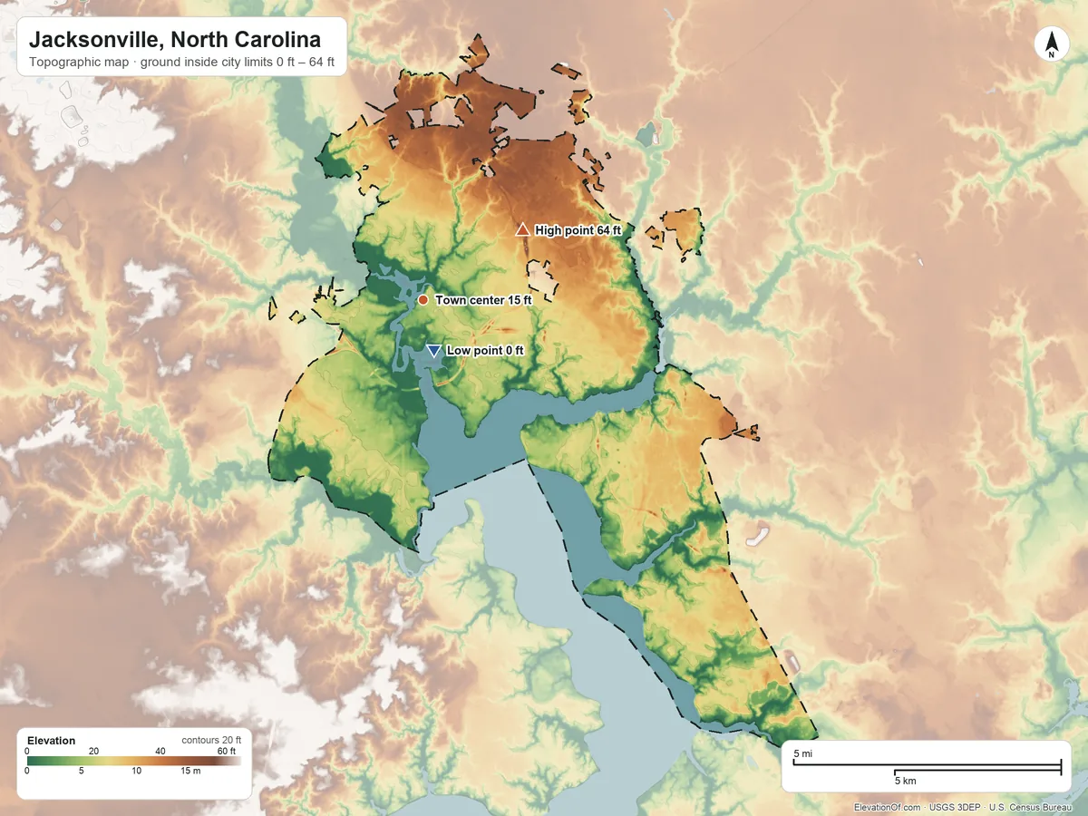Topographic elevation map of Jacksonville, North Carolina, shaded from 0 ft near the middle to 64 ft on the northeast side