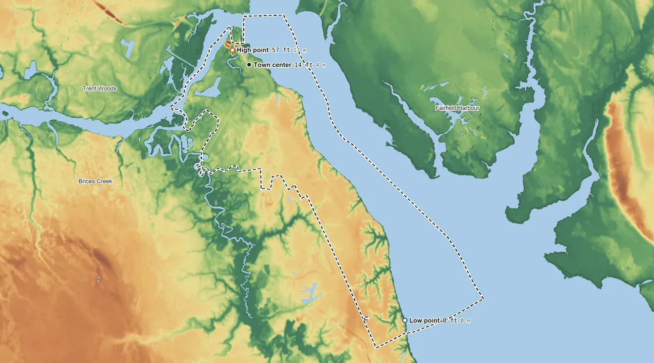 Topographic elevation map of James City, North Carolina, shaded from 0 ft on the southeast side to 57 ft near the middle