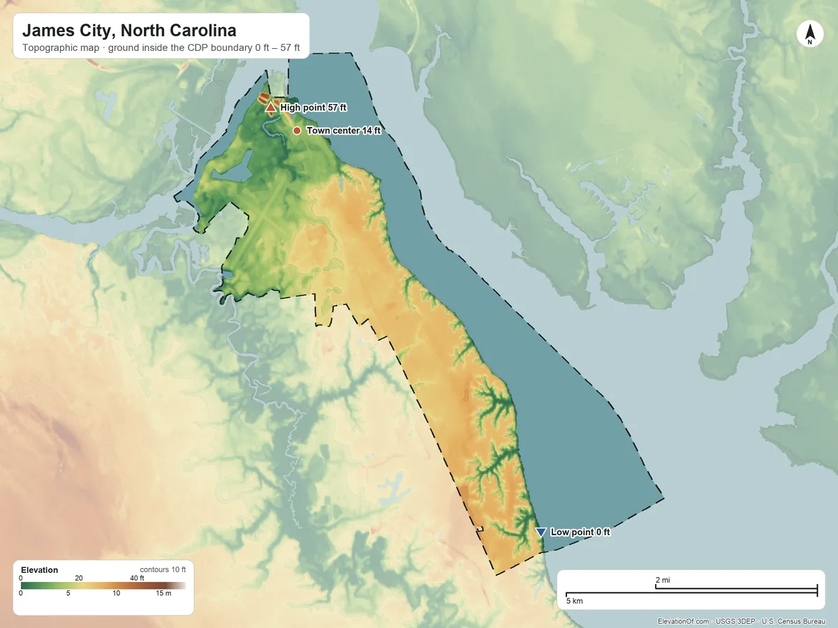 Topographic elevation map of James City, North Carolina, shaded from 0 ft on the southeast side to 57 ft near the middle