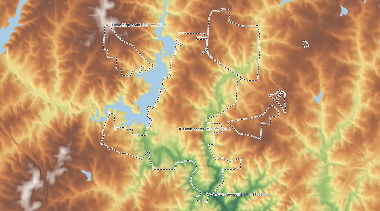 Topographic elevation map of Jamestown, North Carolina, shaded from 690 ft on the southeast side to 900 ft on the northwest side
