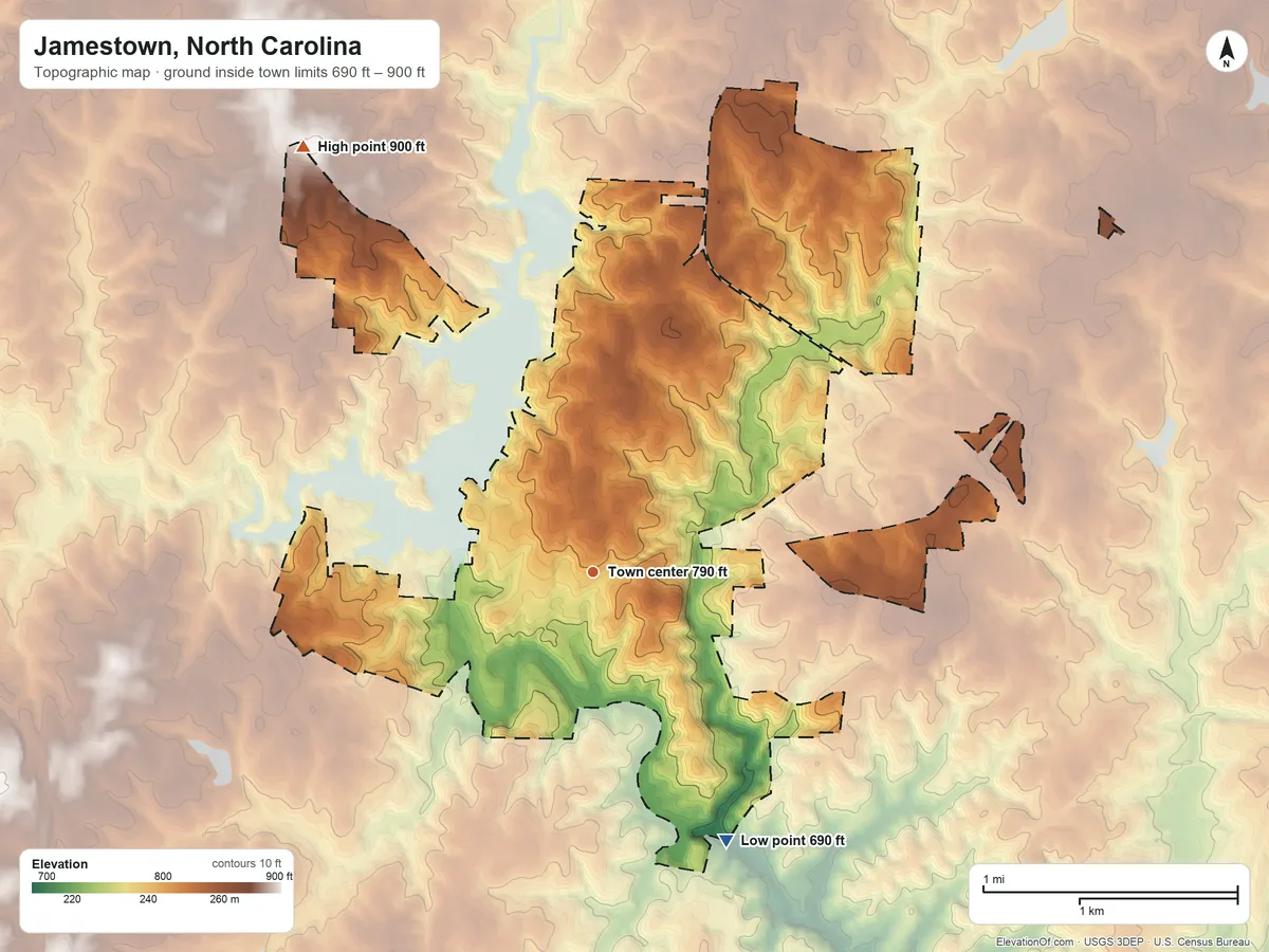 Topographic elevation map of Jamestown, North Carolina, shaded from 690 ft on the southeast side to 900 ft on the northwest side