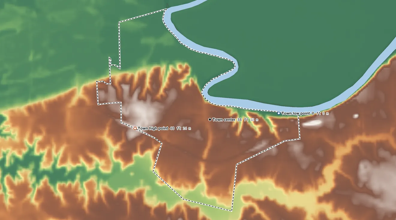 Topographic elevation map of Jamesville, North Carolina, shaded from 0 ft on the east side to 48 ft on the west side