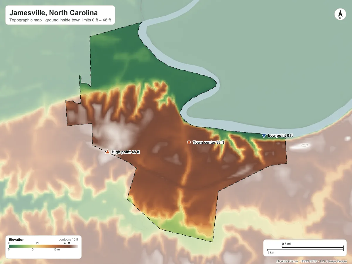 Topographic elevation map of Jamesville, North Carolina, shaded from 0 ft on the east side to 48 ft on the west side