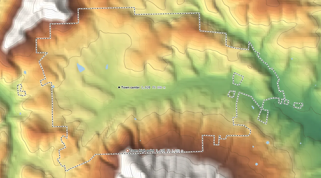 Topographic elevation map of Jefferson, North Carolina, shaded from 2,740 ft on the east side to 3,410 ft at the foot of the Stone Mountains
