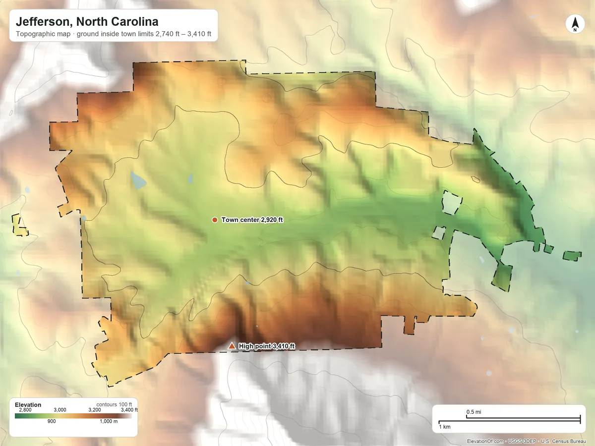 Topographic elevation map of Jefferson, North Carolina, shaded from 2,740 ft on the east side to 3,410 ft at the foot of the Stone Mountains