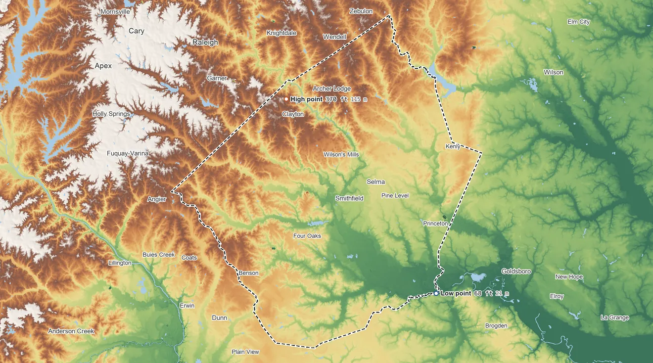 Topographic elevation map of Johnston County, North Carolina, shaded from 68 ft on the southeast side to 370 ft on the northwest side