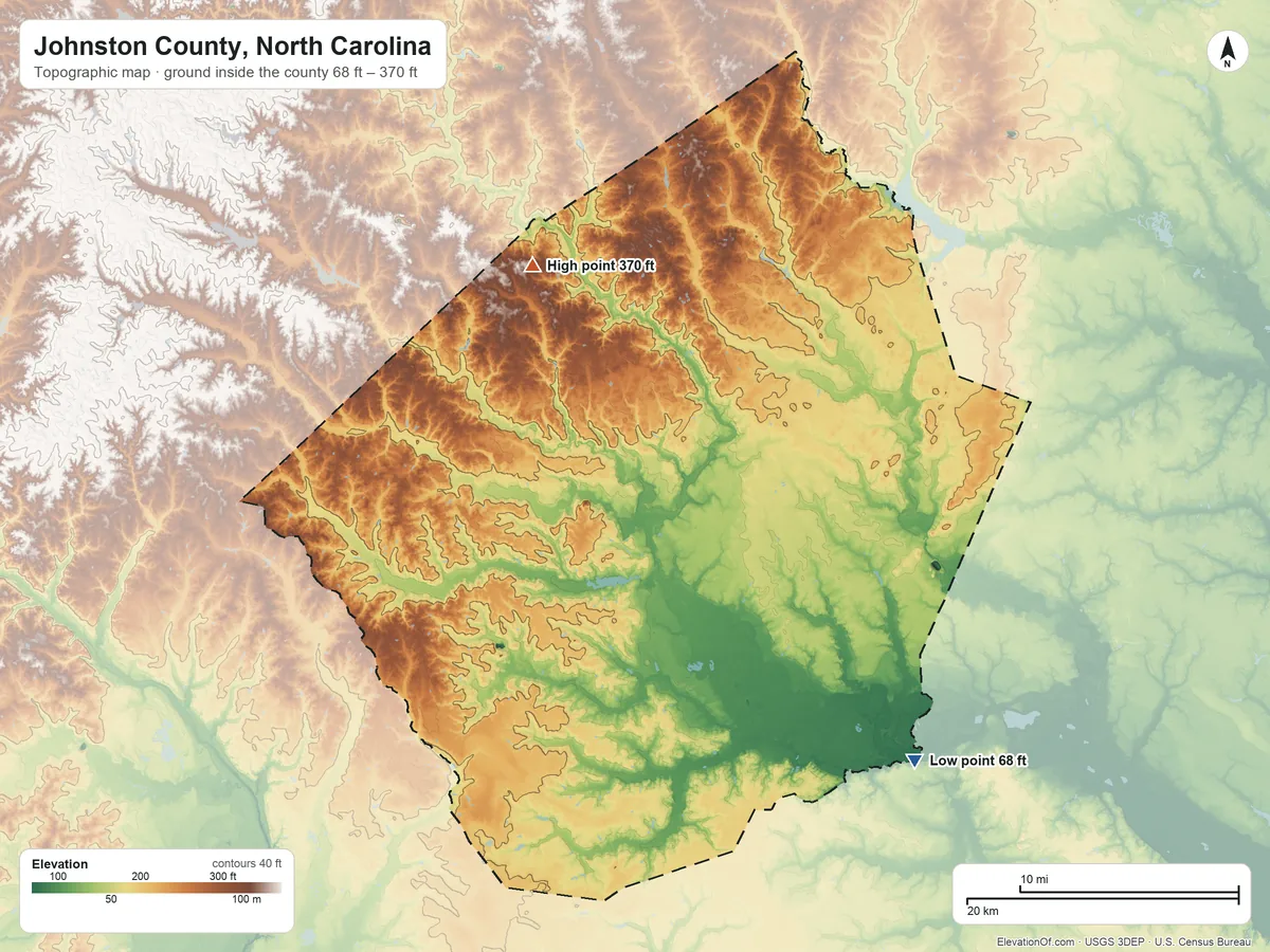 Topographic elevation map of Johnston County, North Carolina, shaded from 68 ft on the southeast side to 370 ft on the northwest side