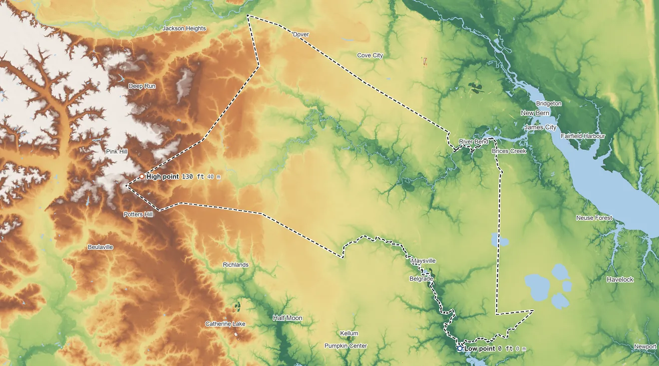 Topographic elevation map of Jones County, North Carolina, shaded from 0 ft on the southeast side to 130 ft on the west side
