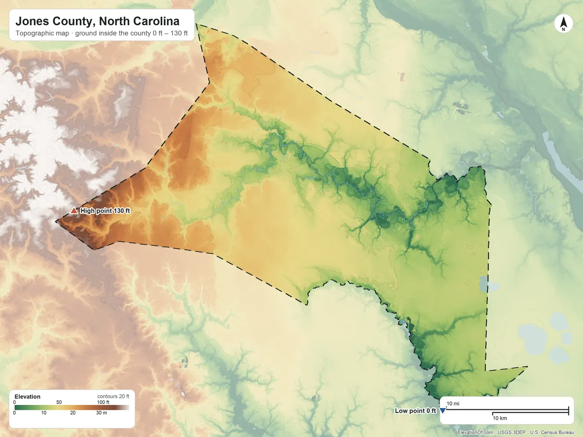 Topographic elevation map of Jones County, North Carolina, shaded from 0 ft on the southeast side to 130 ft on the west side