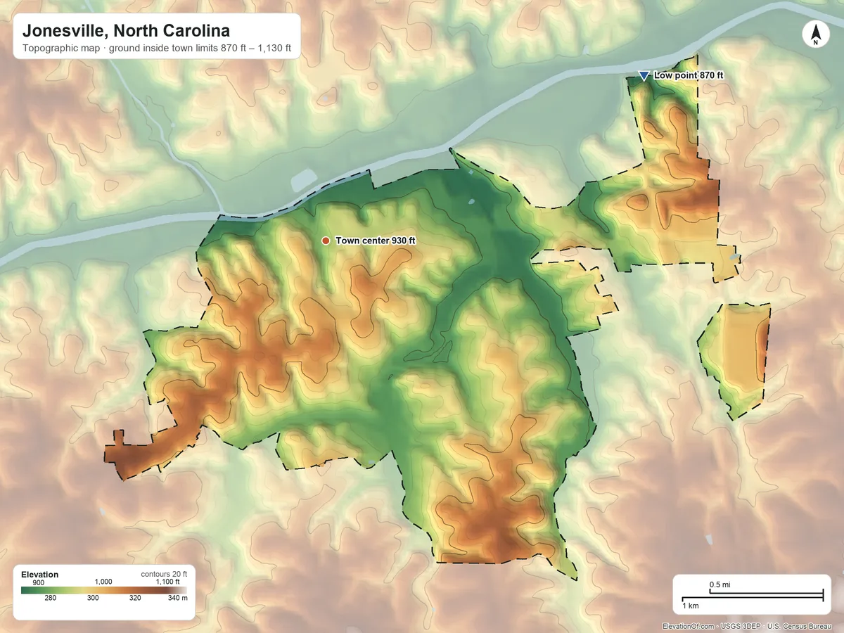 Topographic elevation map of Jonesville, North Carolina, shaded from 870 ft on the northeast side to 1,130 ft on the southeast edge, below higher ground just outside