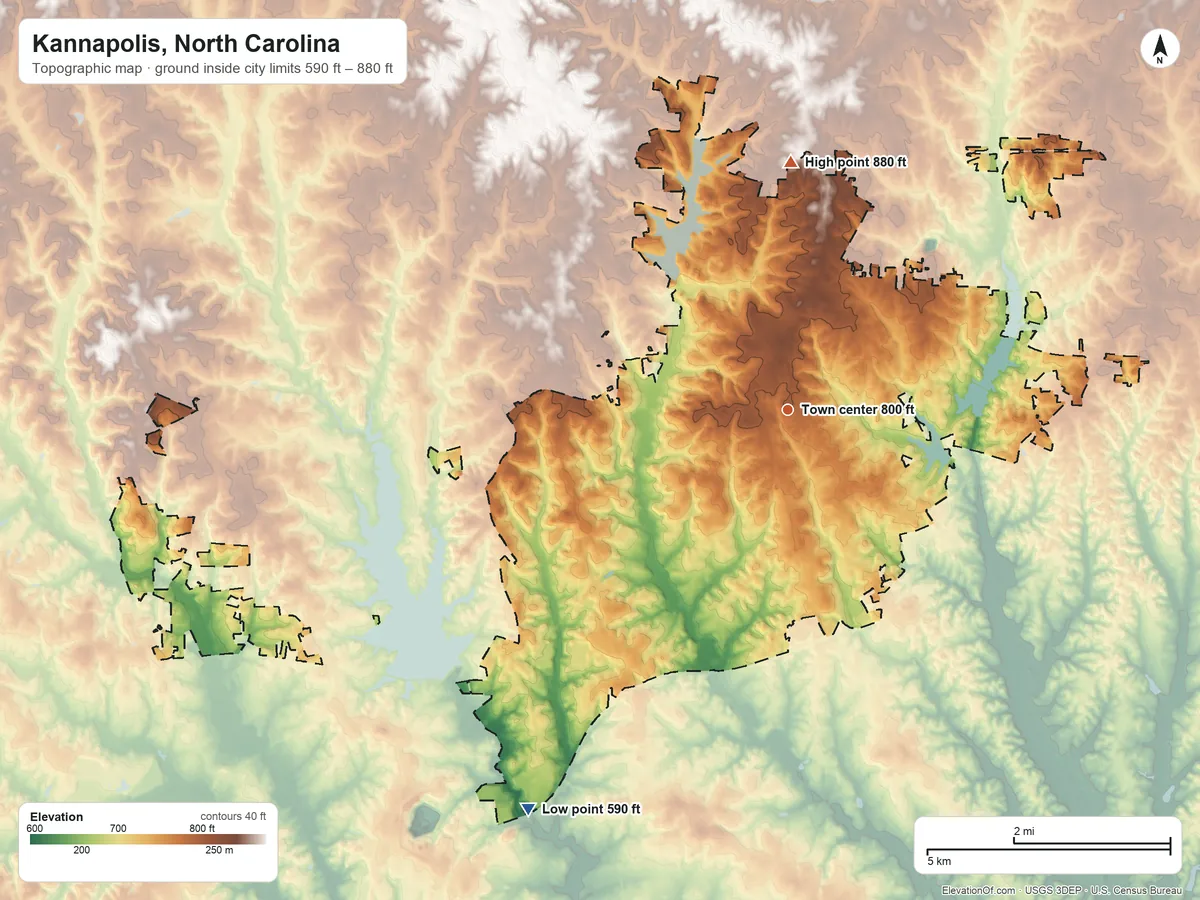 Topographic elevation map of Kannapolis, North Carolina, shaded from 590 ft on the southwest side to 880 ft on the north side