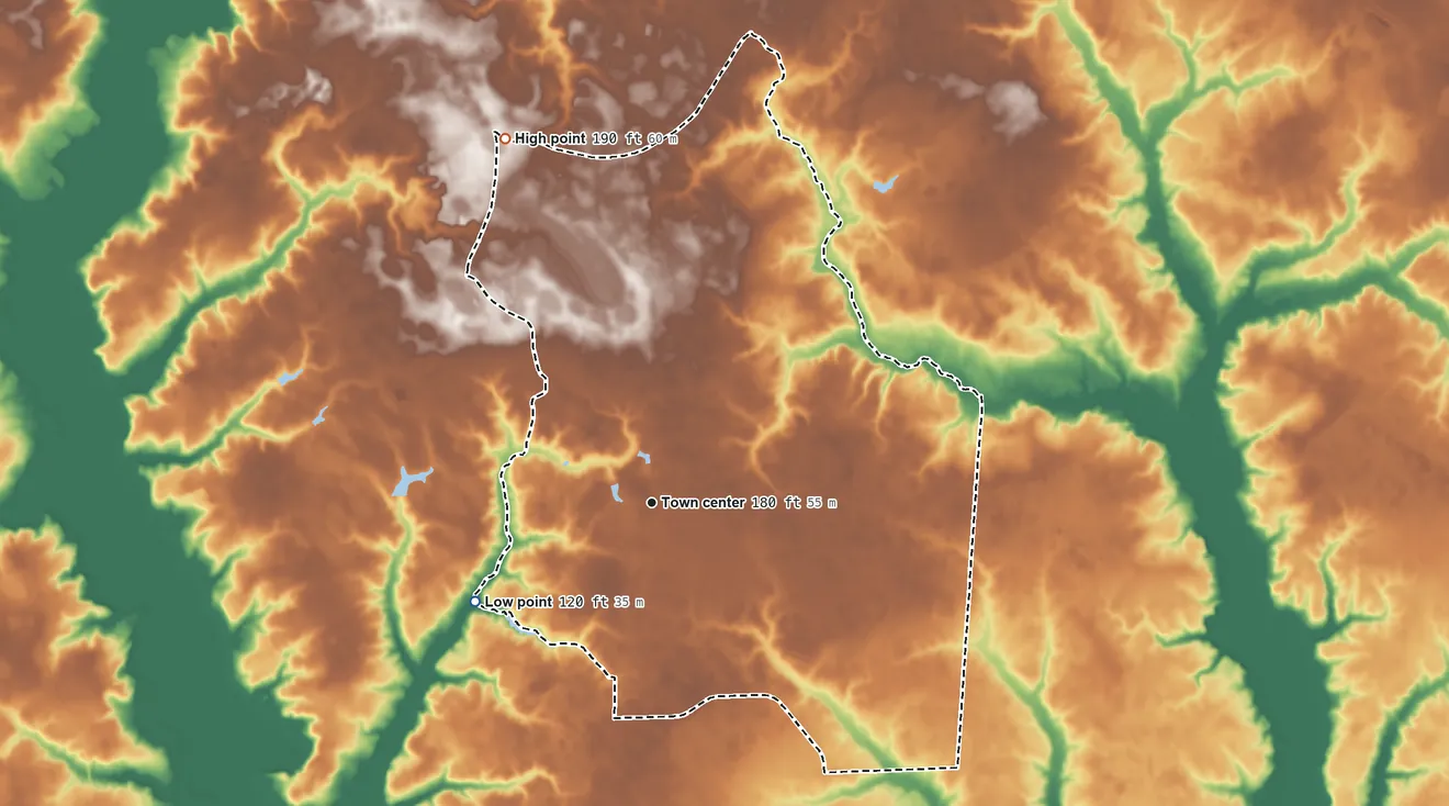 Topographic elevation map of Keener, North Carolina, shaded from 120 ft on the southwest side to 190 ft on the north side