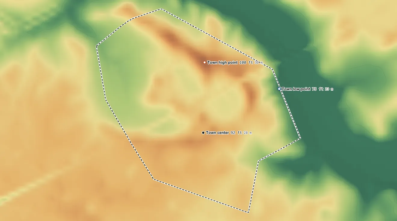 Topographic elevation map of Kelford, North Carolina, shaded from 75 ft on the northeast side to 100 ft on the north side