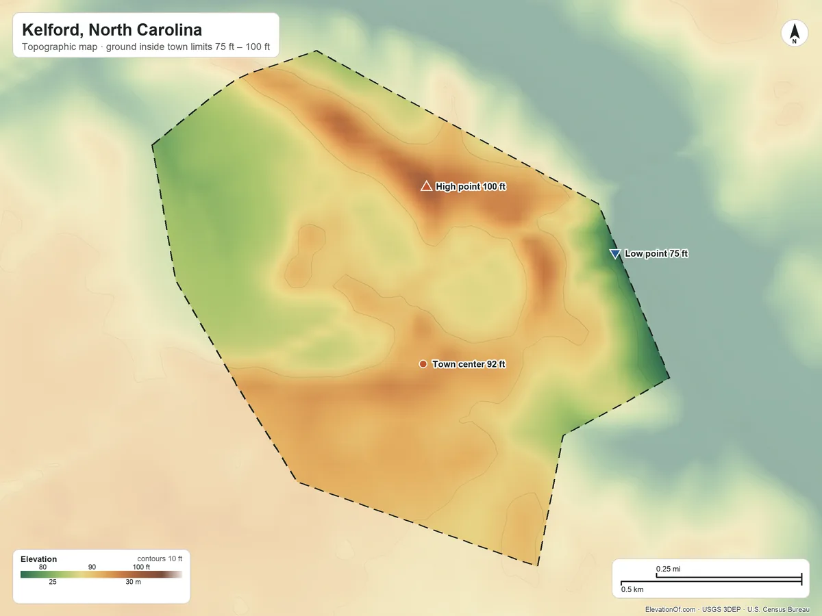 Topographic elevation map of Kelford, North Carolina, shaded from 75 ft on the northeast side to 100 ft on the north side