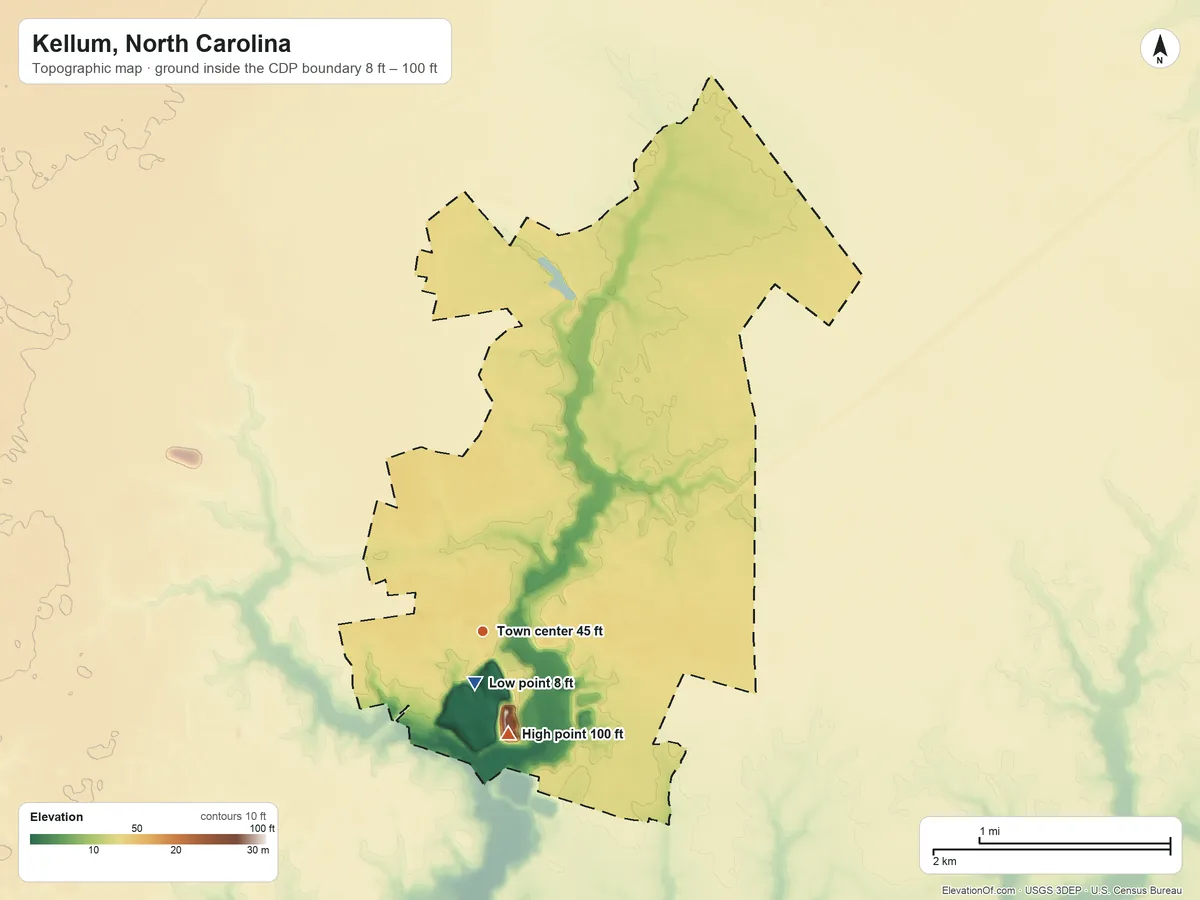Topographic elevation map of Kellum, North Carolina, shaded from 8 ft near the middle to 100 ft on the south side