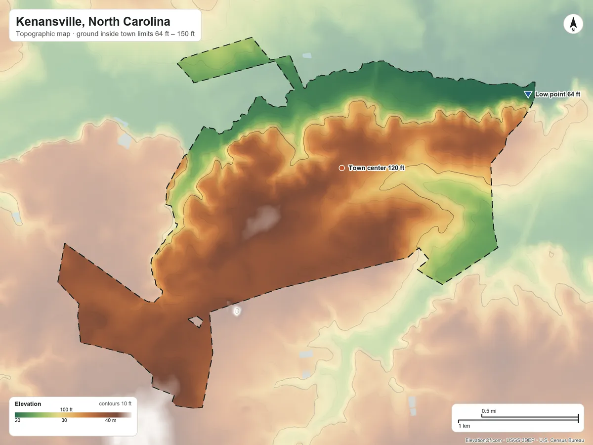 Topographic elevation map of Kenansville, North Carolina, shaded from 64 ft on the east side to 150 ft on the southwest side