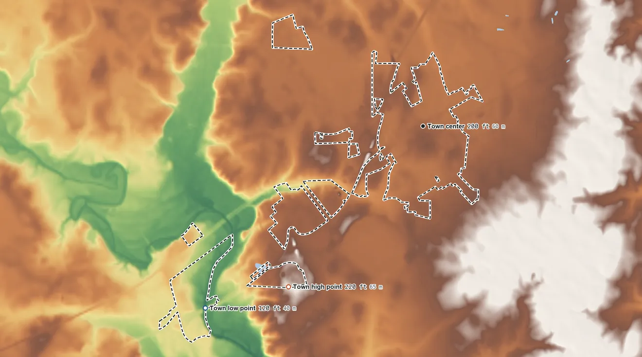 Topographic elevation map of Kenly, North Carolina, shaded from 120 ft on the southwest side to 220 ft on the southwest side