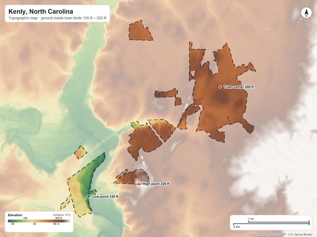 Topographic elevation map of Kenly, North Carolina, shaded from 120 ft on the southwest side to 220 ft on the southwest side
