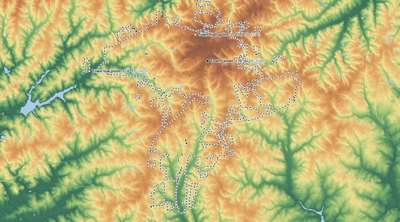 Topographic elevation map of Kernersville, North Carolina, shaded from 810 ft on the west side to 1,070 ft on the northwest side