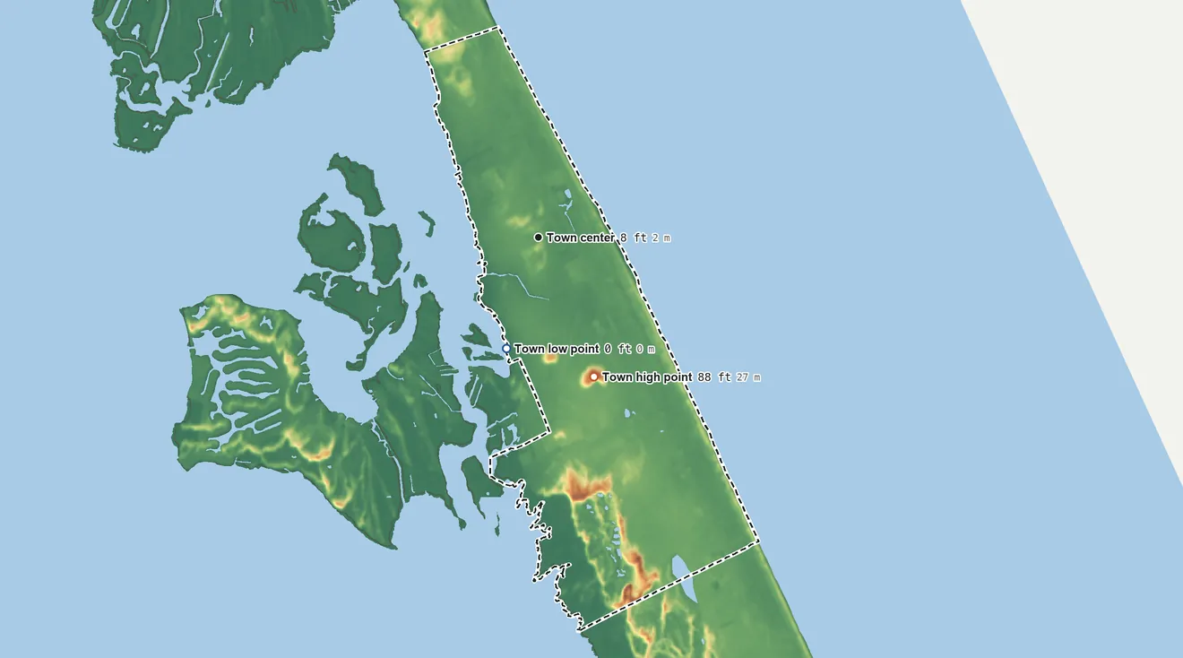 Topographic elevation map of Kill Devil Hills, North Carolina, shaded from sea level level on Kitty Hawk Bay to 88 ft on Kill Devil Hills