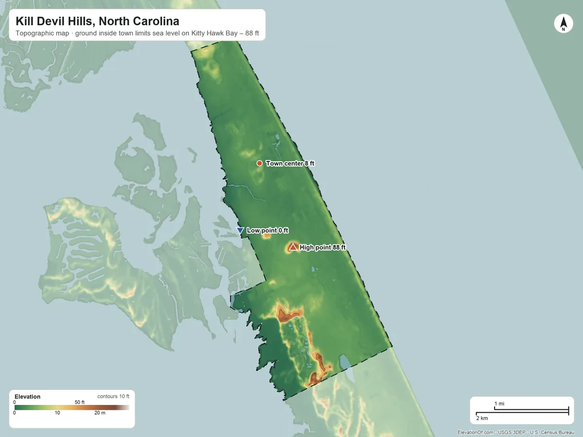 Topographic elevation map of Kill Devil Hills, North Carolina, shaded from sea level level on Kitty Hawk Bay to 88 ft on Kill Devil Hills