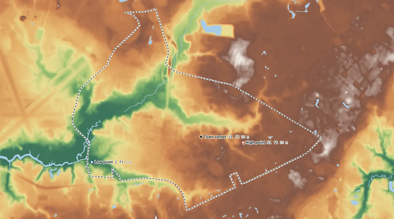 Topographic elevation map of Kings Grant, North Carolina, shaded from 2 ft on the west side to 51 ft on the east side