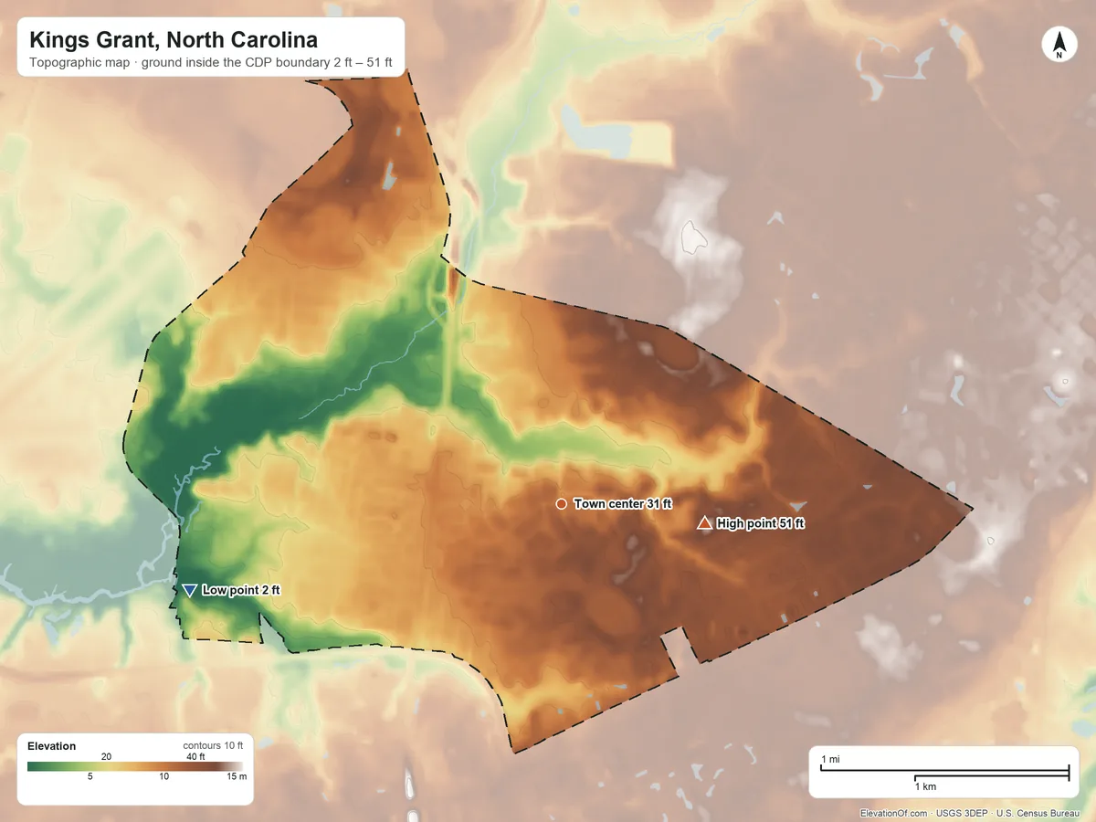 Topographic elevation map of Kings Grant, North Carolina, shaded from 2 ft on the west side to 51 ft on the east side