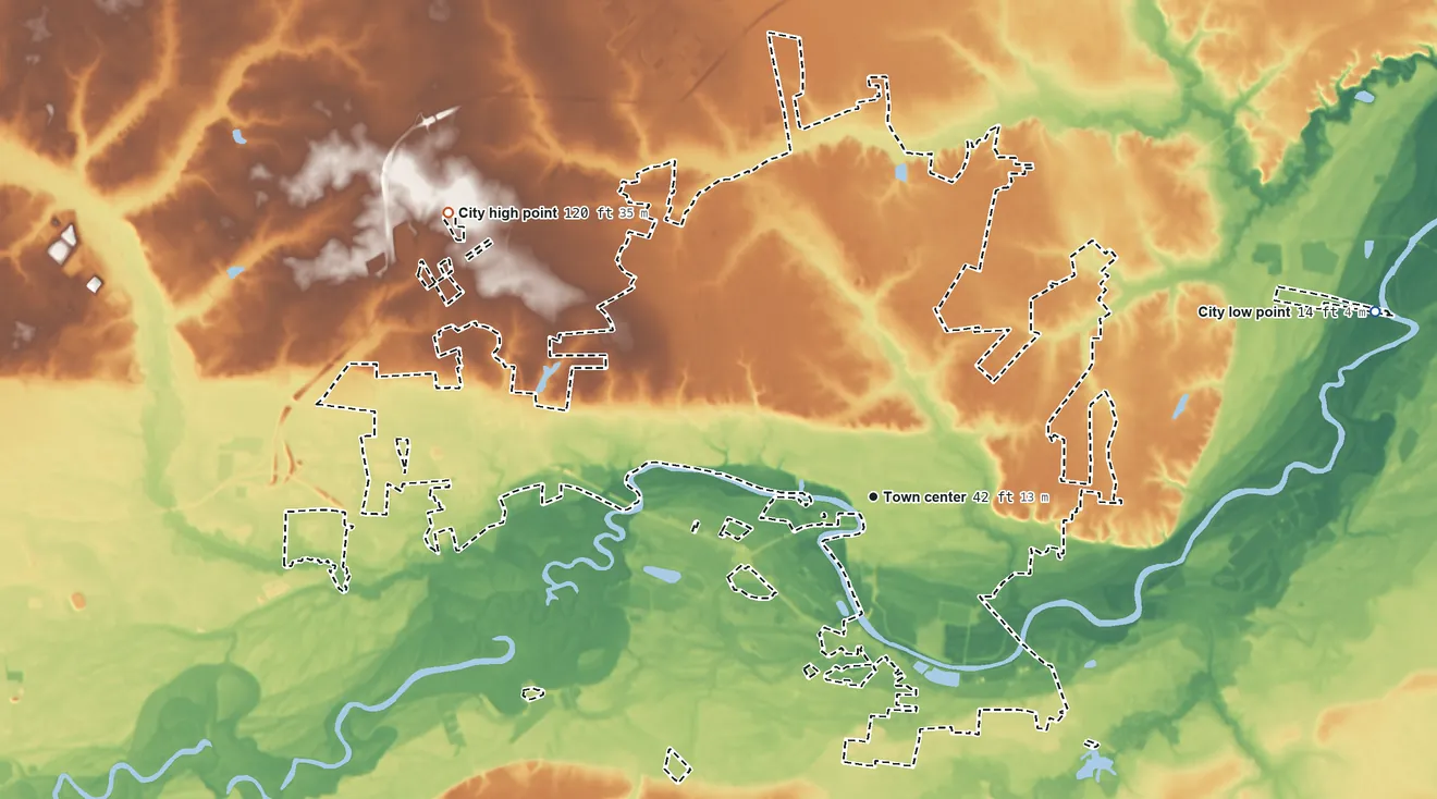 Topographic elevation map of Kinston, North Carolina, shaded from 14 ft on the east side to 120 ft on the northwest side