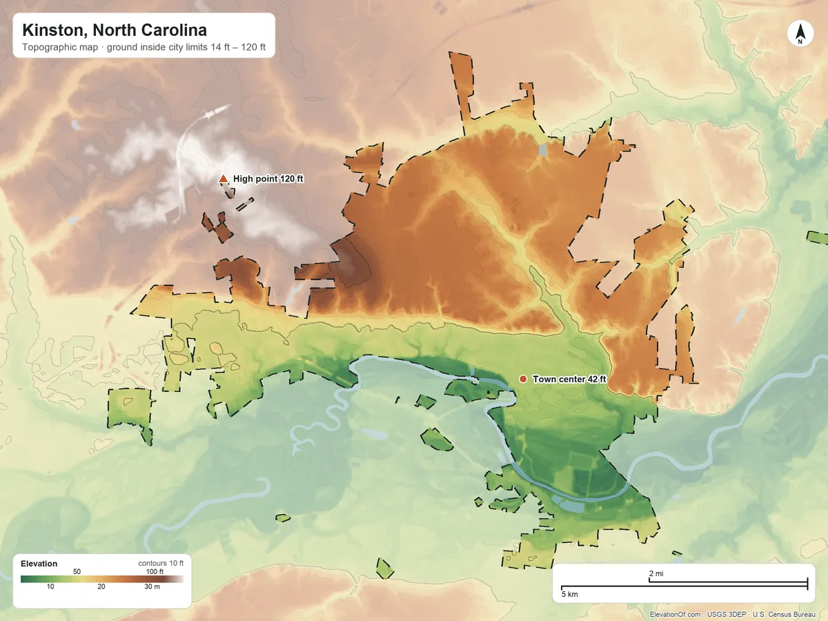 Topographic elevation map of Kinston, North Carolina, shaded from 14 ft on the east side to 120 ft on the northwest side