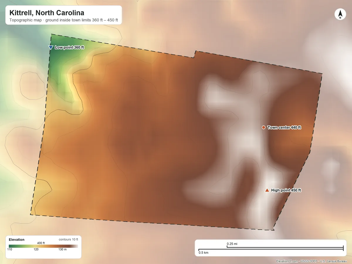 Topographic elevation map of Kittrell, North Carolina, shaded from 360 ft on the west side to 450 ft on the south side