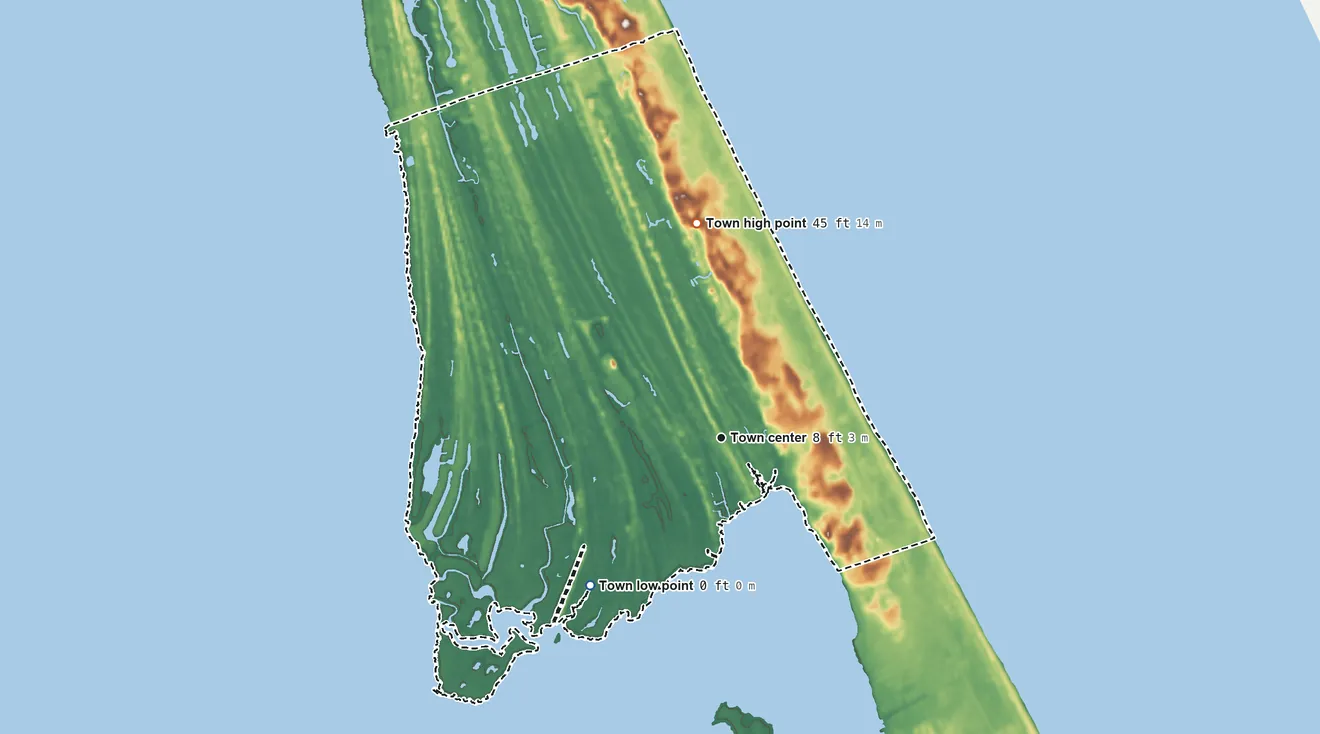 Topographic elevation map of Kitty Hawk, North Carolina, shaded from sea level level on Kitty Hawk Bay to 45 ft on the north side