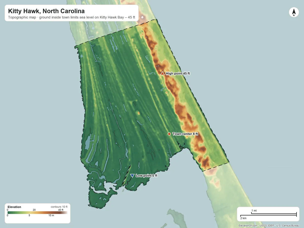 Topographic elevation map of Kitty Hawk, North Carolina, shaded from sea level level on Kitty Hawk Bay to 45 ft on the north side