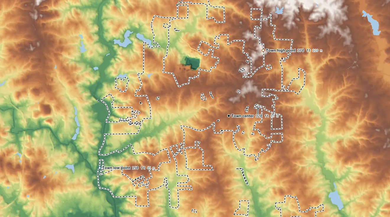 Topographic elevation map of Knightdale, North Carolina, shaded from 150 ft on the west side to 370 ft on the northeast side
