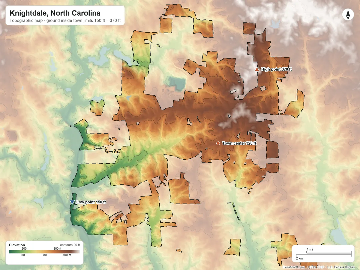 Topographic elevation map of Knightdale, North Carolina, shaded from 150 ft on the west side to 370 ft on the northeast side