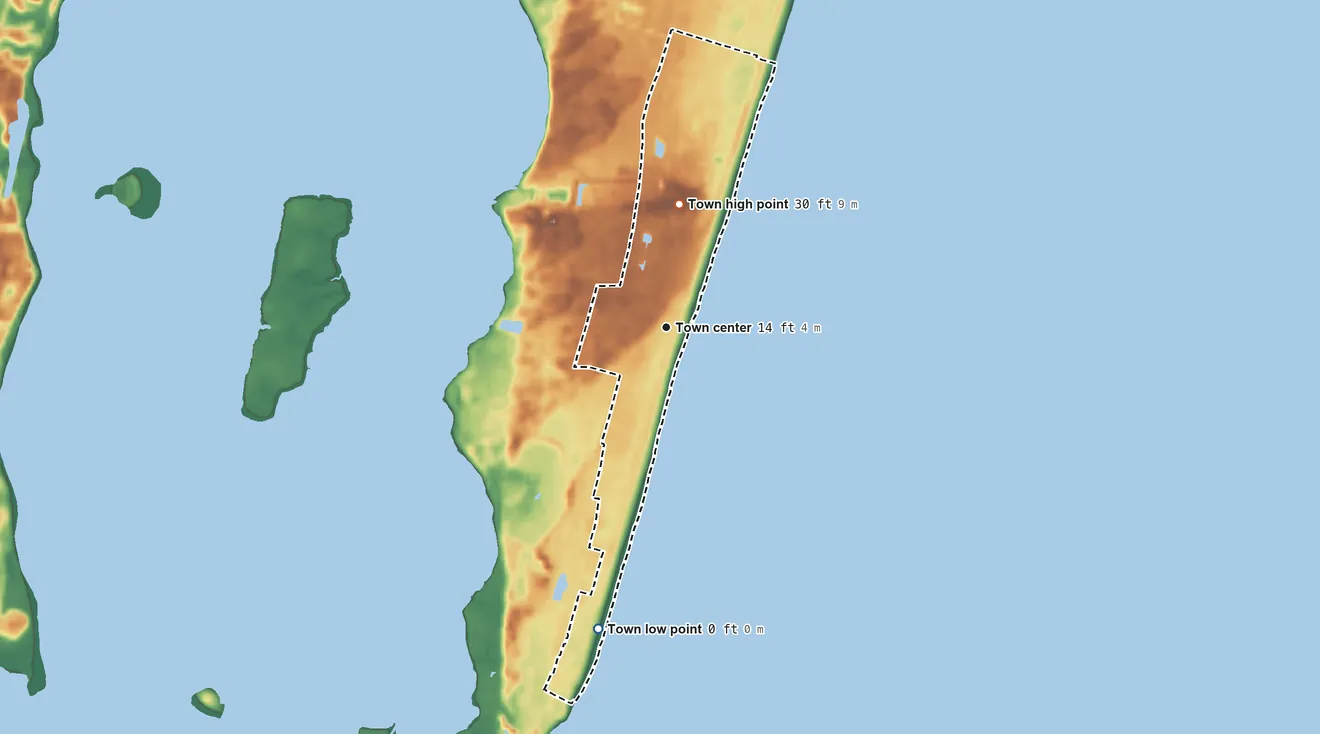 Topographic elevation map of Kure Beach, North Carolina, shaded from sea level level on the Atlantic Ocean to 30 ft on the north side