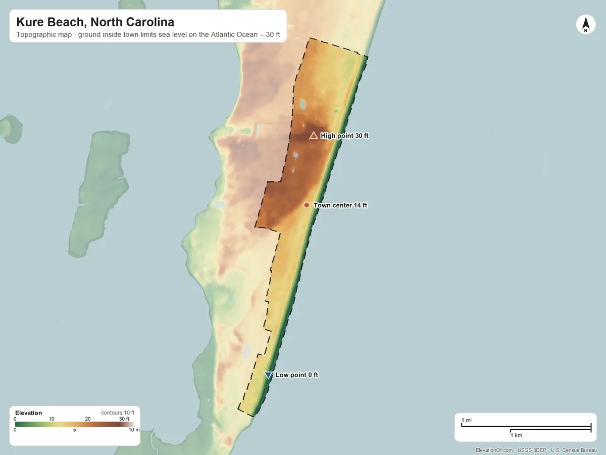 Topographic elevation map of Kure Beach, North Carolina, shaded from sea level level on the Atlantic Ocean to 30 ft on the north side