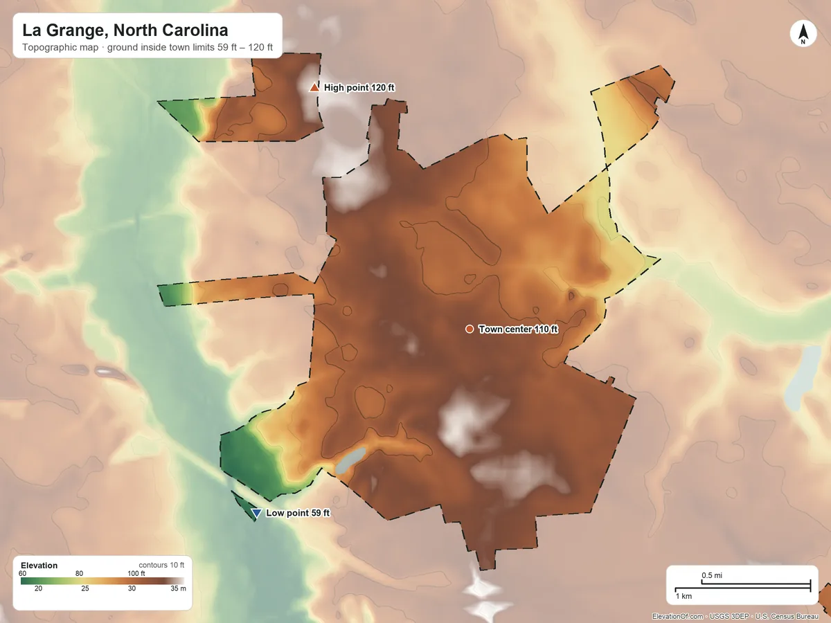 Topographic elevation map of La Grange, North Carolina, shaded from 59 ft on the southwest side to 120 ft on the northwest side