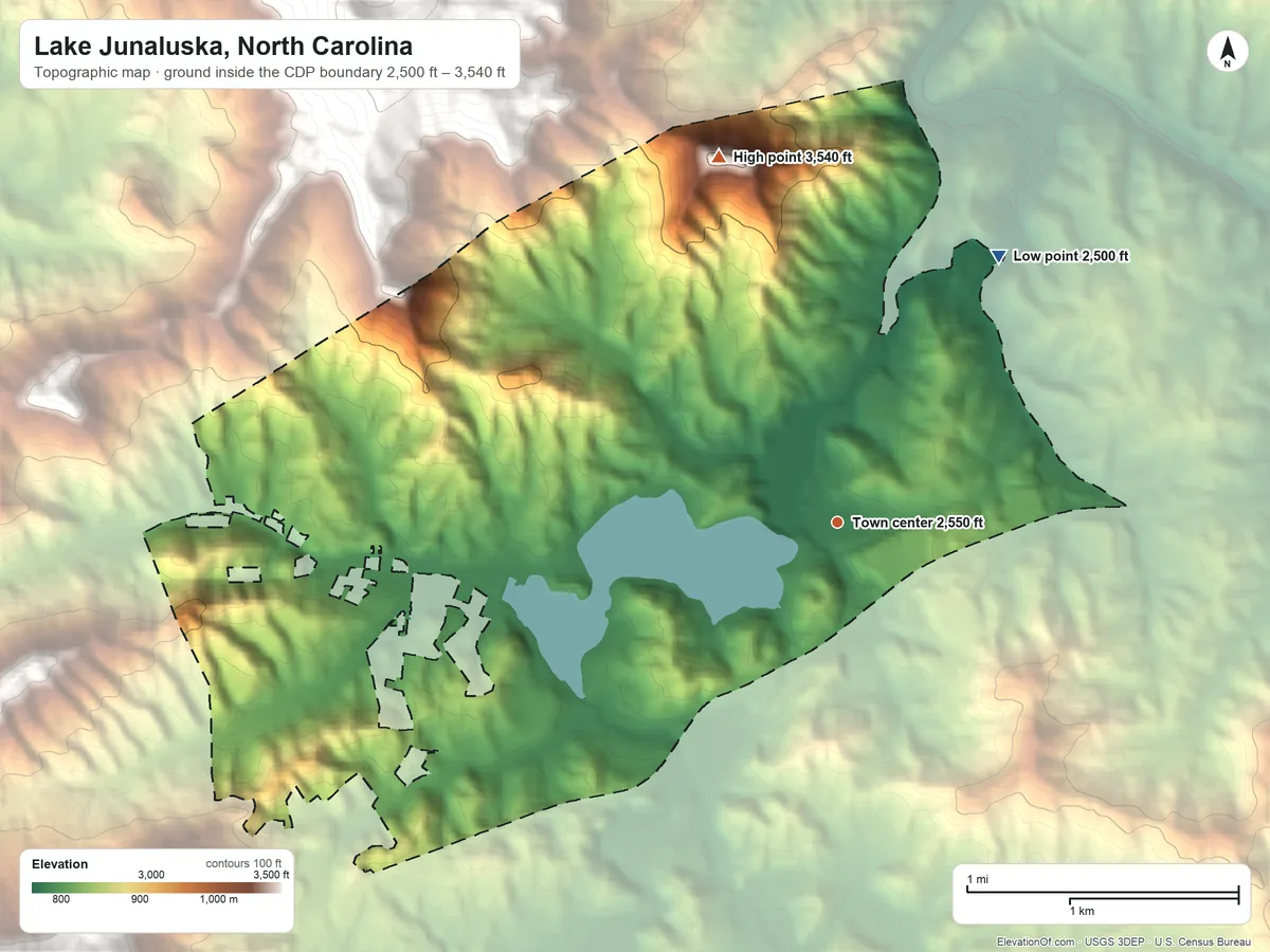 Topographic elevation map of Lake Junaluska, North Carolina, shaded from 2,500 ft on the northeast side to 3,540 ft on Fincher Mountain