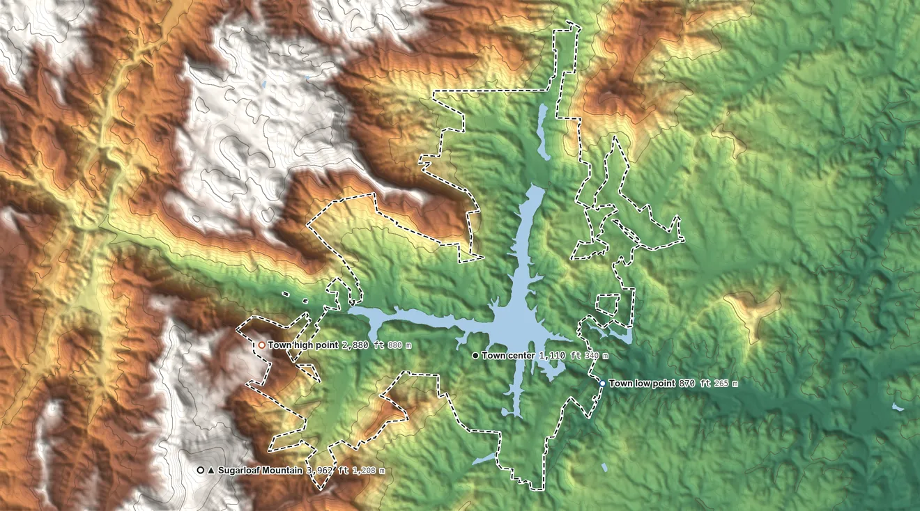 Topographic elevation map of Lake Lure, North Carolina, shaded from 870 ft on the east side to 2,880 ft on Chimney Rock Mountain