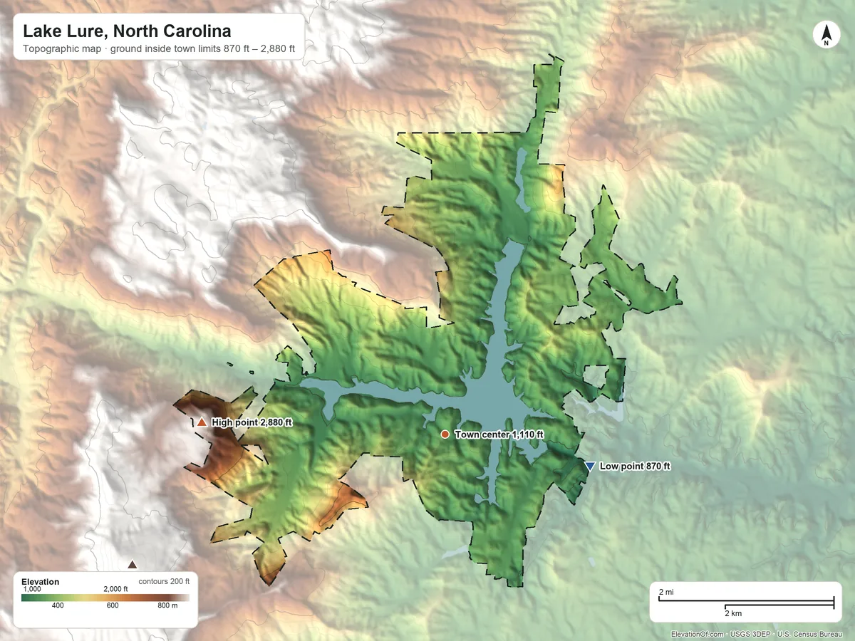 Topographic elevation map of Lake Lure, North Carolina, shaded from 870 ft on the east side to 2,880 ft on Chimney Rock Mountain