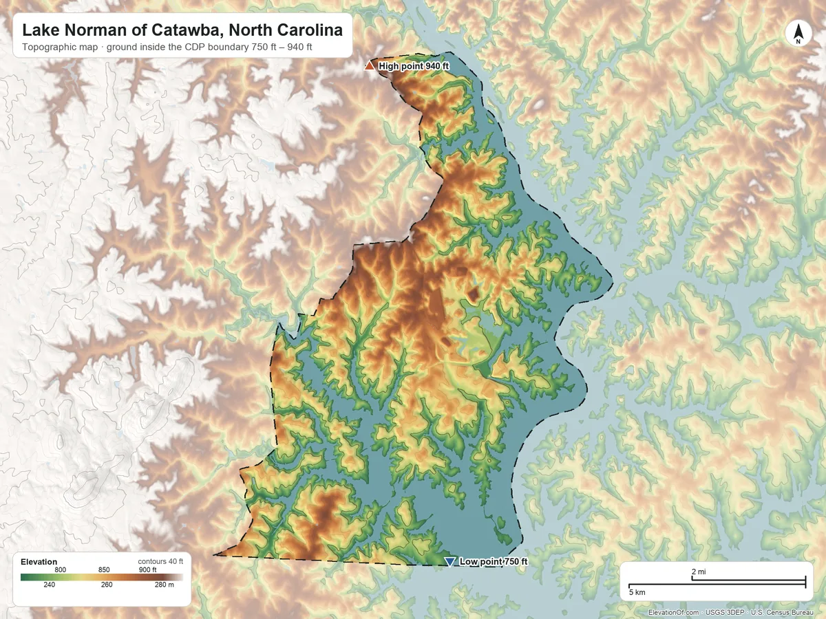 Topographic elevation map of Lake Norman of Catawba, North Carolina, shaded from 750 ft on the south side to 940 ft on the north side