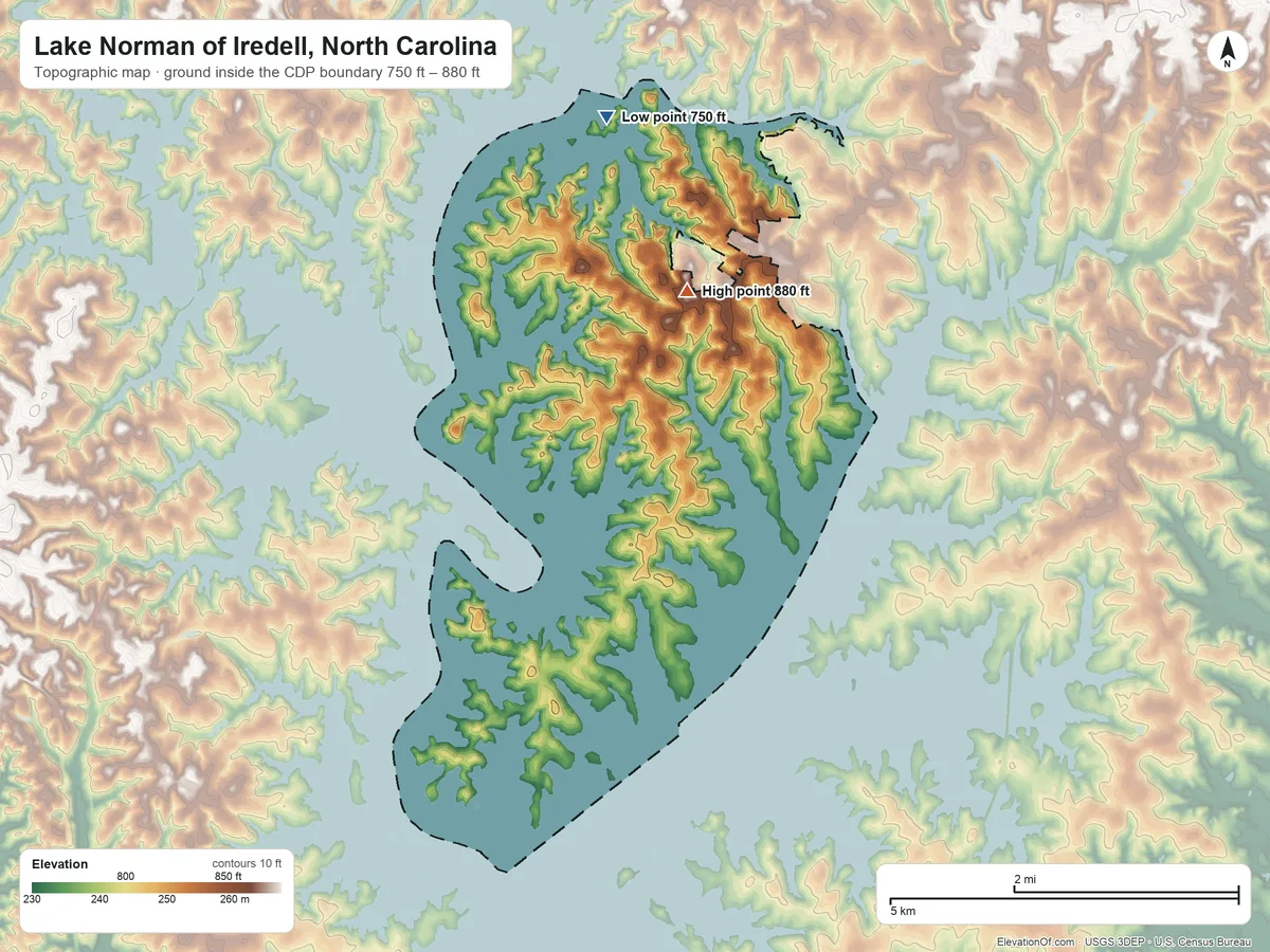 Topographic elevation map of Lake Norman of Iredell, North Carolina, shaded from 750 ft on the north side to 880 ft on the northeast side