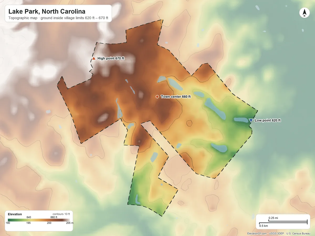 Topographic elevation map of Lake Park, North Carolina, shaded from 620 ft on the east side to 670 ft on the northwest side